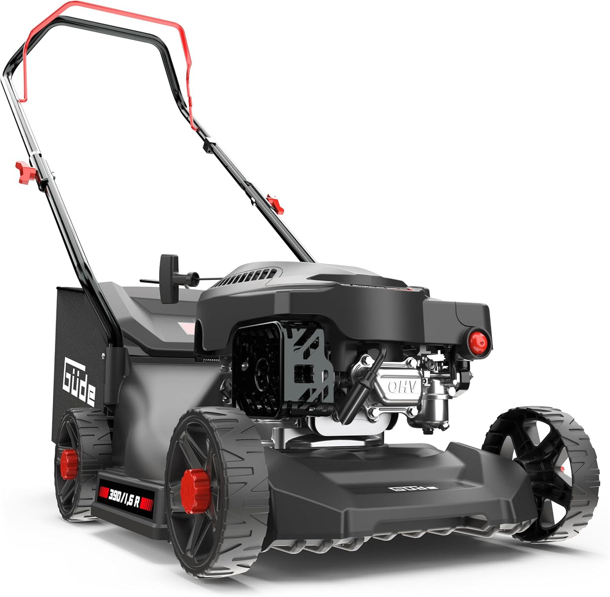 Cortacéspedes rotativo Güde, Cortacésped Eco Wheeler 390 1, 6 R (Motor de Gasolina de 4 Tiempos 1, 6/2 (kW/PS), Ancho de Corte 390 mm, Dispositivo de