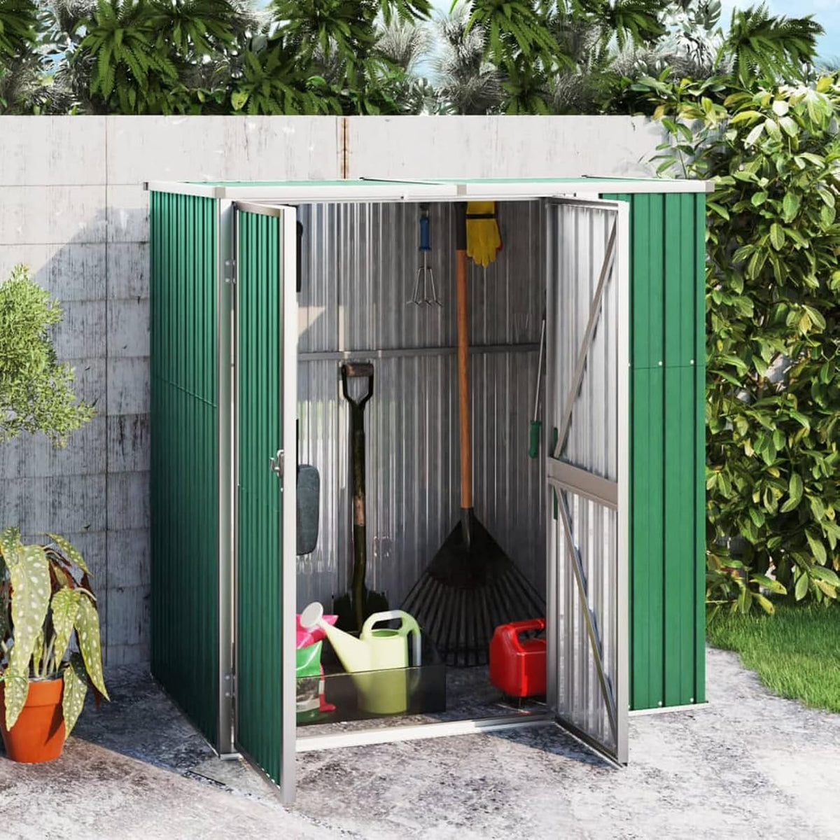 Cobertizos de almacenamiento SECOLI, Caseta de jardín de metal con tejado para electrodomésticos para exteriores, armario de acero con práctico mango