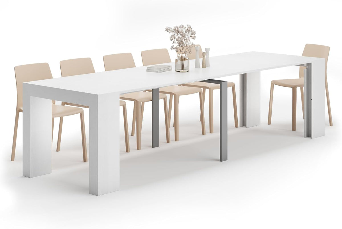 Auxiliar de MOBILI FIVER, Mesa Consola Extensible Angelica, 45(305) x90 cm, Color Fresno Blanco, para 12 Personas, Mesa Consola Extensible por Salon