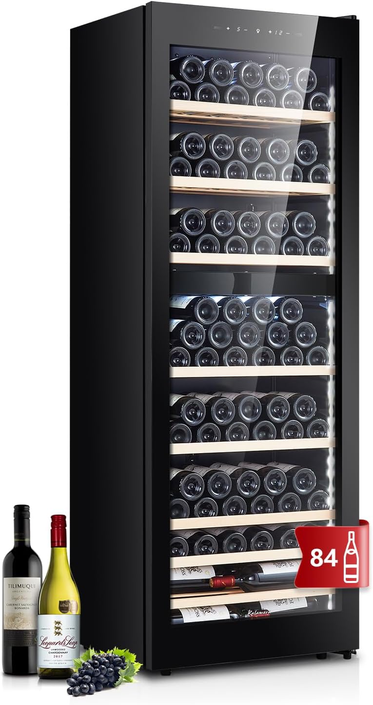 KRC-266BFG de Kalamera, vinoteca, Nevera para vino (84 botellas, 266 L, tira de iluminación interior LED, Vinoteca 2 zonas de refrigeración 5-10