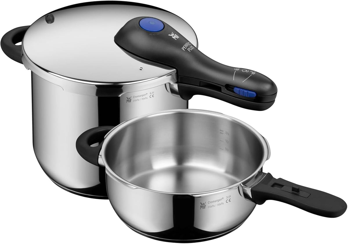 WMF Ollas a presión, Perfect Plus - Set con Olla Rápida Ø 22 cm de Diámetro de 6 Litros y Medio + Cuerpo 3 Litros, Con Protección Contra Llamas, Acero