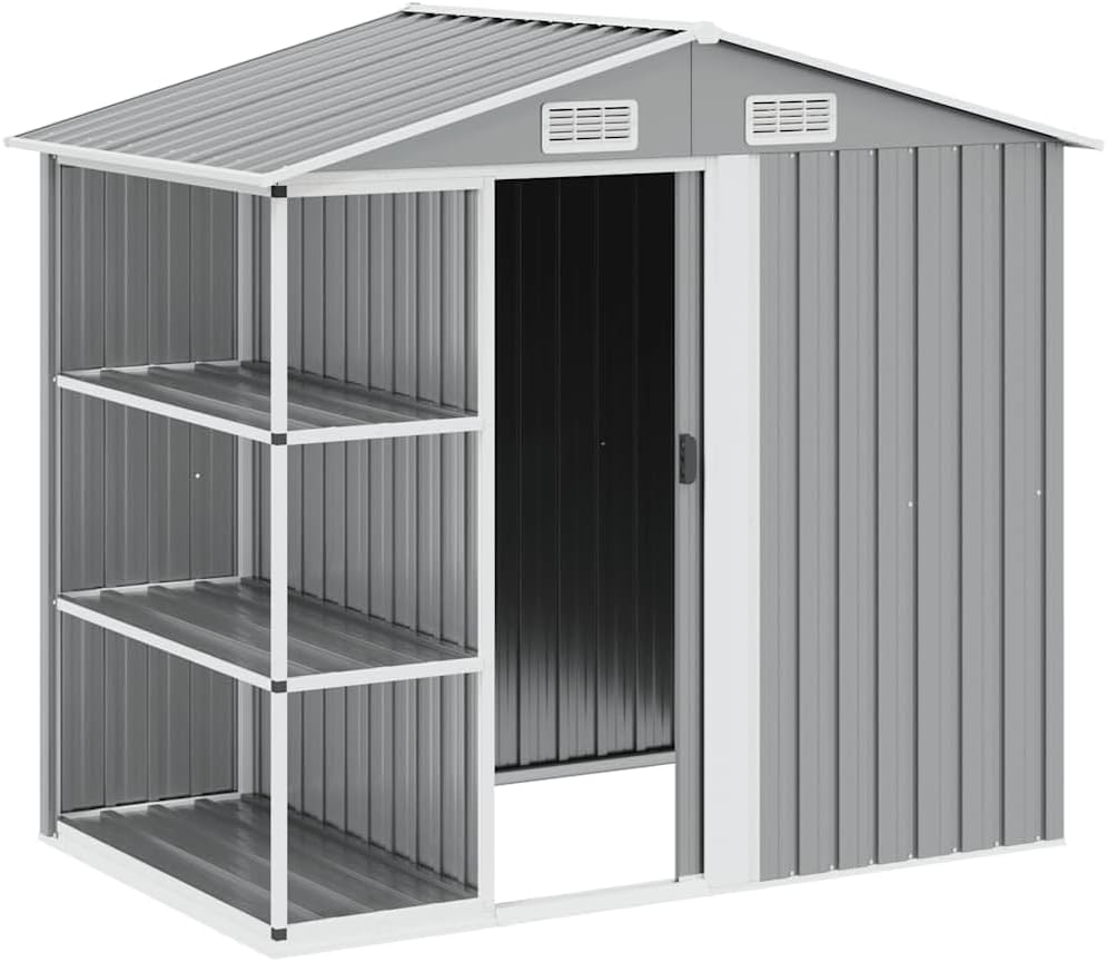 Cobertizos de almacenamiento vidaXL, Cobertizo de jardín con estantería Hierro Gris 205x130x183 cm
