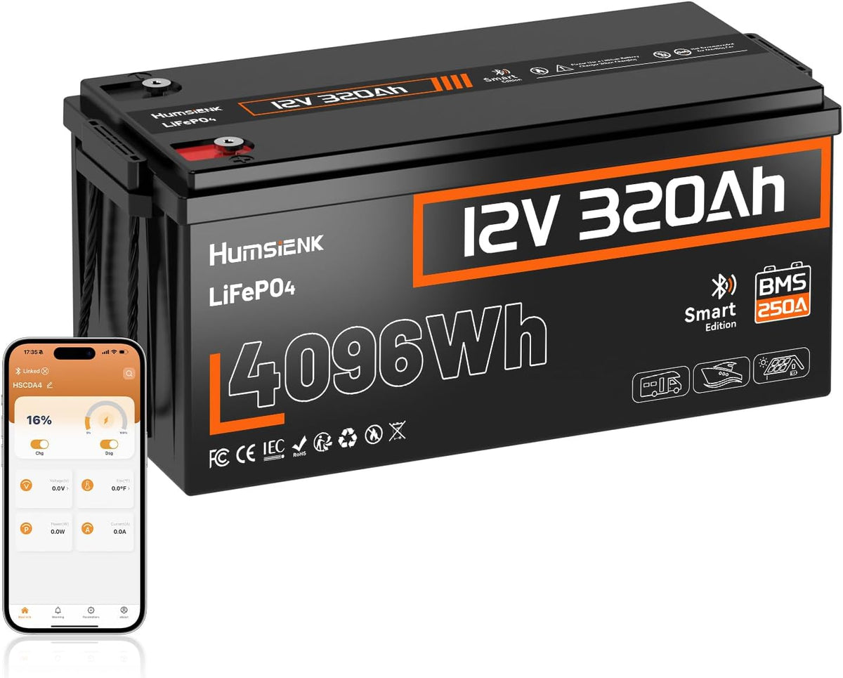 HumsiENK Baterías de ciclo profundo, Batería Litio 12V 320Ah con Bluetooth, Bateria LiFepo4 4096Wh, 250 BMS con Protección de Baja Temperatura, hasta