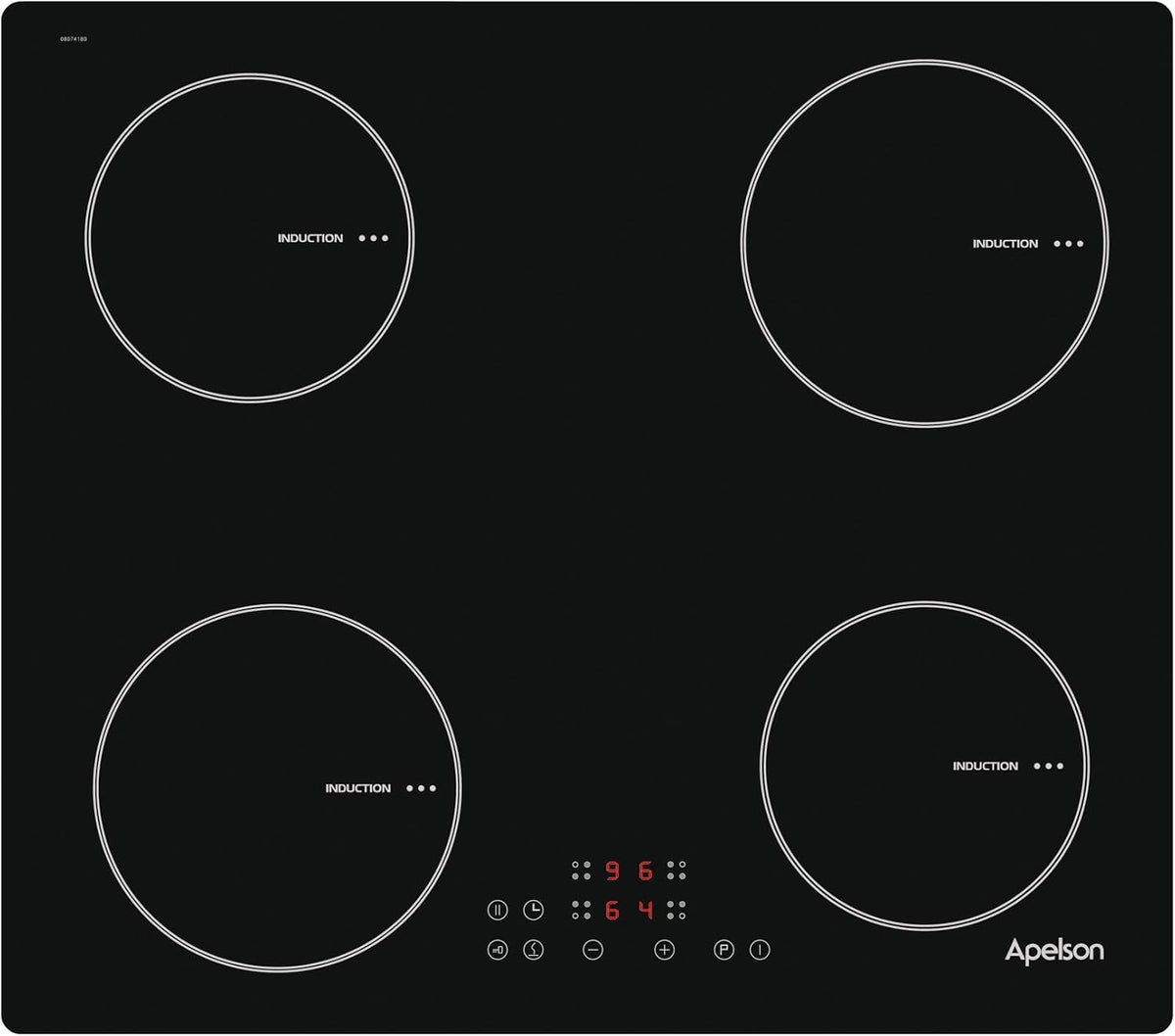 Apelson AIT4600 Placa de cocina, Inducción Apelson 66cm, 4 Zonas, 9 Niveles, Booster, Mono Touch, Bloqueo Inftanil, Negro