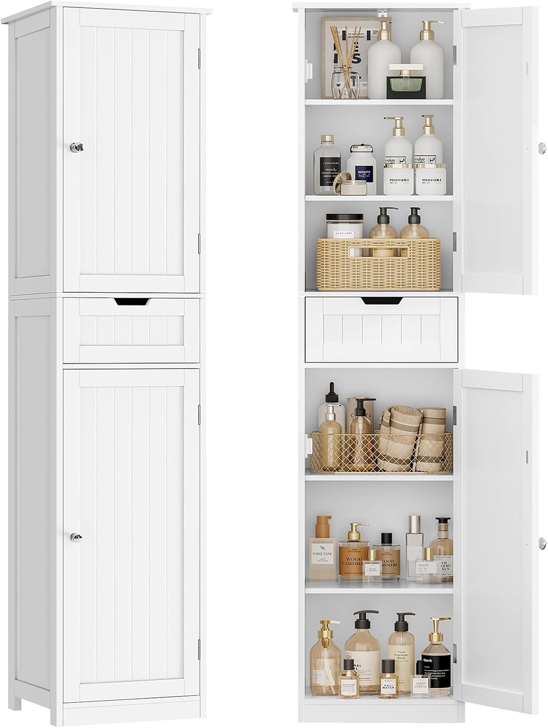 Armarios alto TEENFON, Mueble de Baño Estrecho Alto con Cajón, Armario Baño Delgado 1 Cajón + 2 Puertas Gran Capacidad Almacenaje, 40 x 30 x 170 cm
