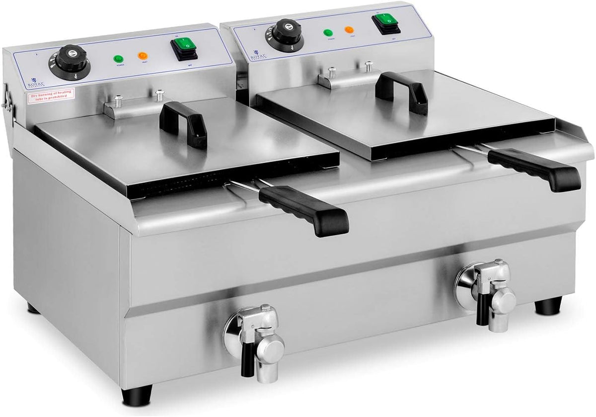 Freidora Eléctrica Doble Para Hostelería 2 x 13 Litros 230 V RCEF 13DB (2 x 3.200 W, Grifos De Vaciado, Temperatura: 50-200 °C), Royal Catering