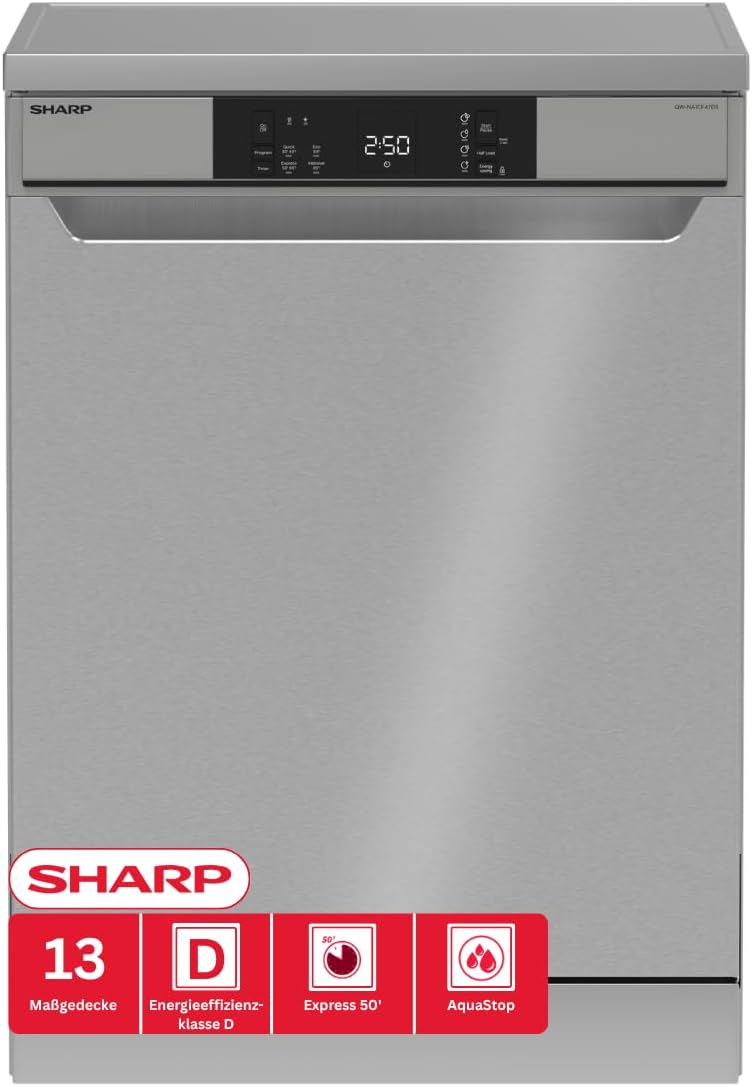 Lavavajillas compacto Sharp, QW-NA1CF47DS-DE - Lavavajillas independiente (60 cm, 13 cubiertos, eficiencia energética D), (4 programas, AquaStop)