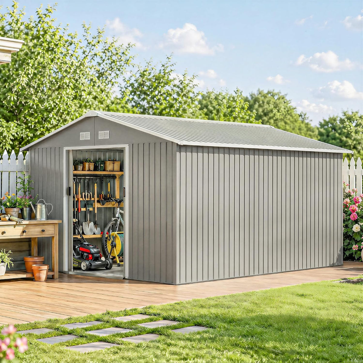Outsunny Cobertizos de almacenamiento, Caseta de Jardín Exterior 12, 4 m² 340x386x200 cm Gris Claro
