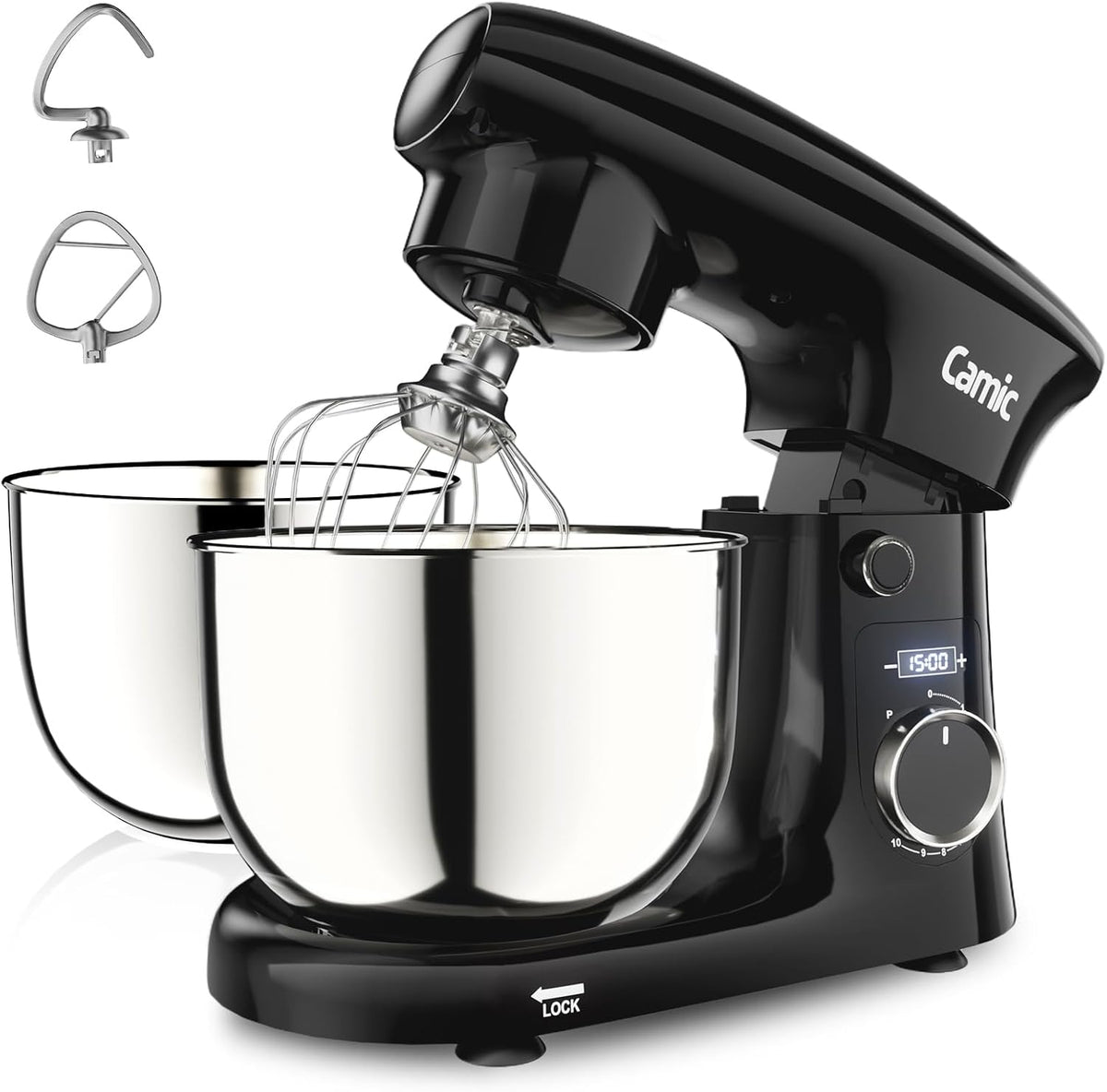 Camic Batidoras amasadora, Amasadora Batidora 4L + 5L Recipiente Inox, Amasadora Pantalla LED, Temporizador, 10 Configuraciones de Velocidad, Gancho