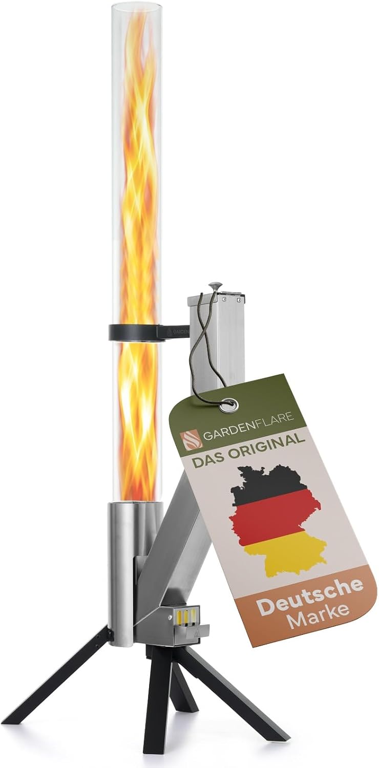 GARDENFLARE Brasero, Tubo de Fuego Clásico, Chimenea de acero inoxidable y mecha de pellets para un ambiente de fuego impresionante, Elegante