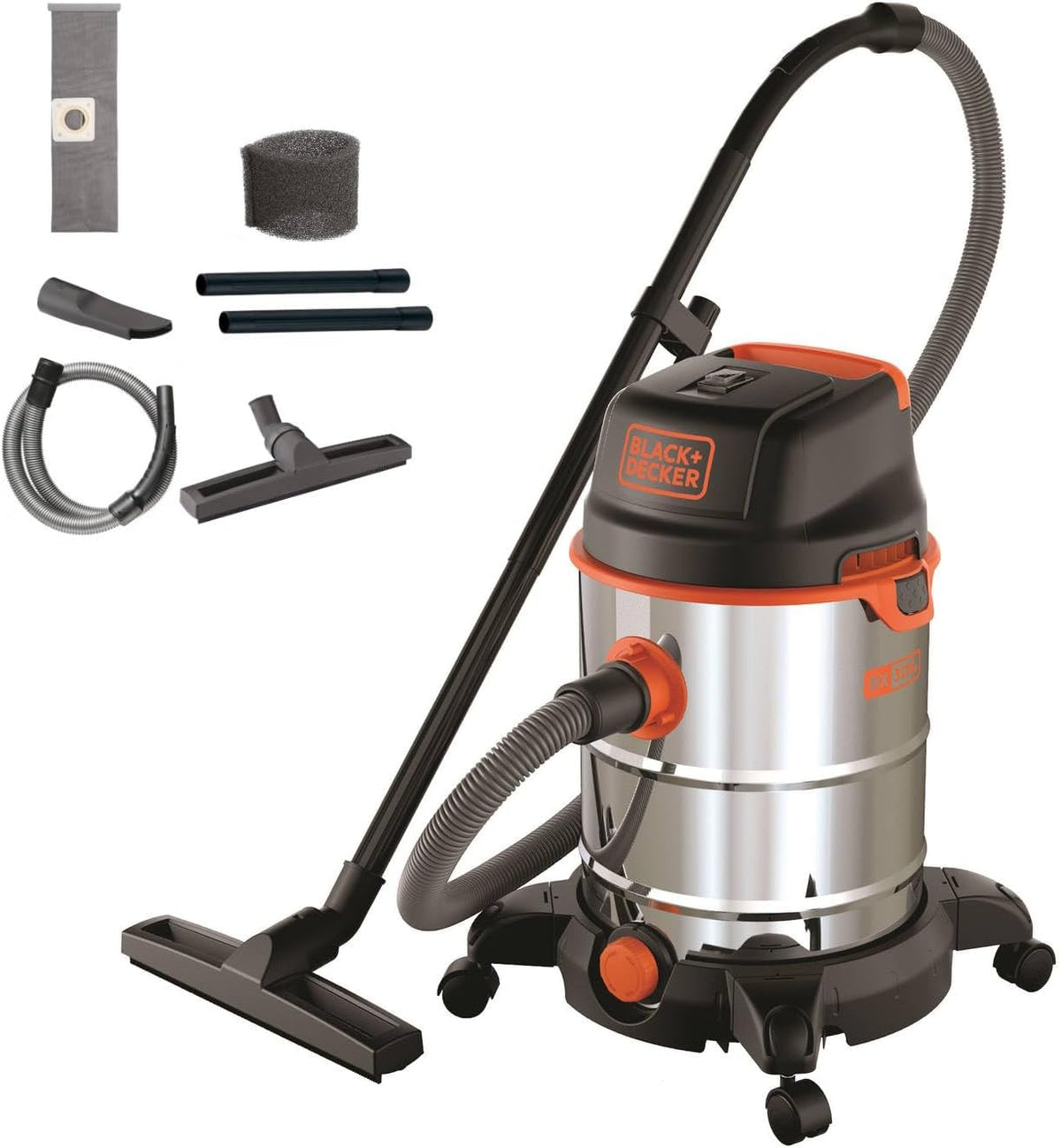Aspiradoras de trineo BXVC30XDE Aspirador Multiuso de sólidos y líquidos (1600 W, 30 L, Acero INOX), Black+Decker