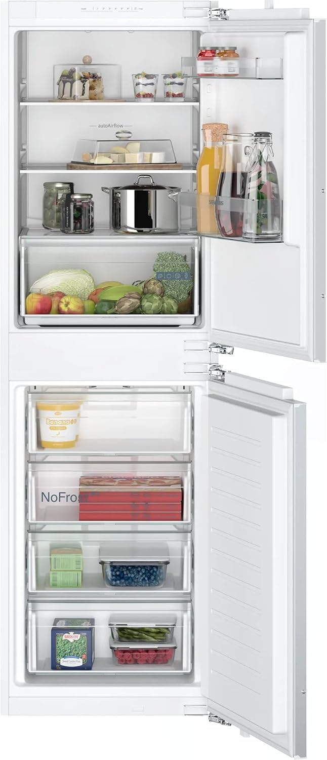 KI85NNFE0 de SIEMENS, frigorífico combi, iQ100 - Frigorífico y congelador empotrable, 177, 2 x 54, 1 cm, 150 L de refrigeración y congelación de 99 L