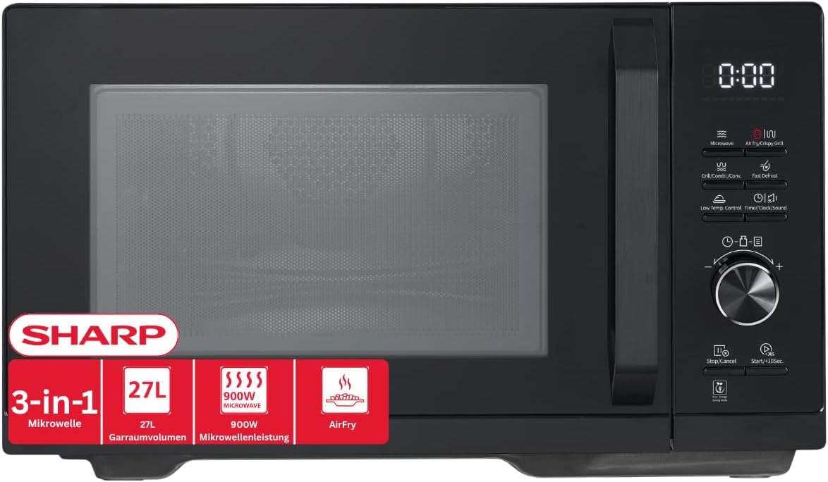 Sharp RCA271TB Microondas multifuncional, Microondas Airfry 5 en 1 900 W, parrilla de 1000 W, aire caliente y función AirFry, convección 2100 W, 27 l
