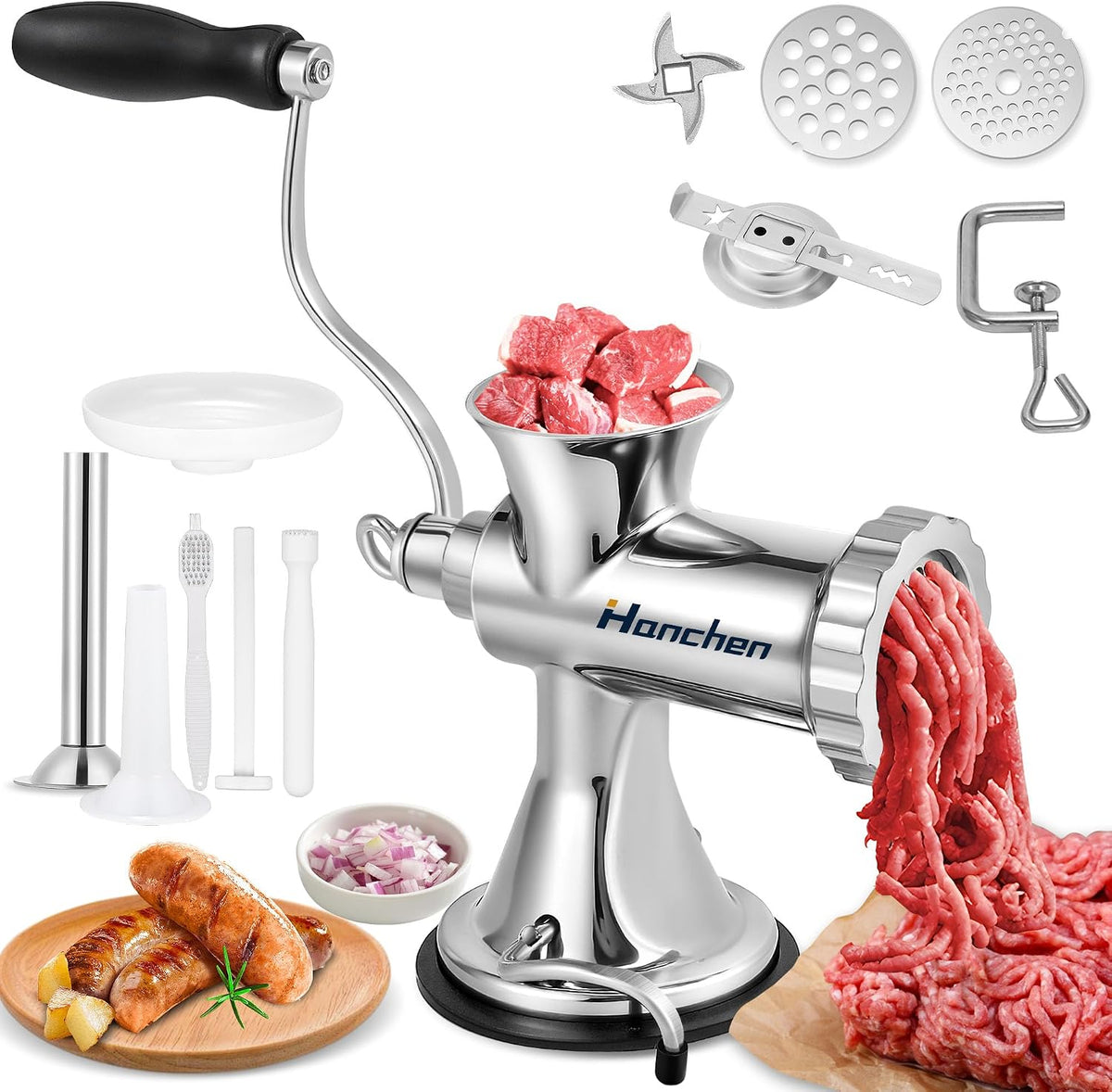 Hanchen Picadoras de carne, Picadora de Carne Manual Acero Inoxidable Máquina de Picar Carne Doméstico y Comercial Embutidora de Salchichas con 2