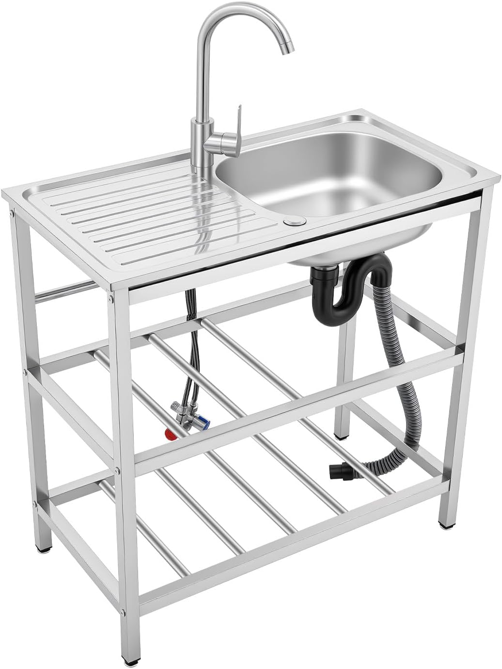 Fregaderos de un seno de Hadwigger, 1 lavabo 75x40x78cm fregadero independiente para exteriores, lavabo de acero inoxidable con banco de trabajo y