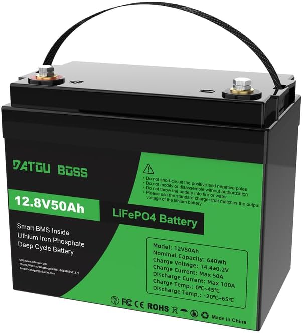 DATOUBOSS Baterías de ciclo profundo, Batería Litio 12V 50Ah LiFePO4, BMS 50A incorporado, celdas de litio Grade-A, 15000 ciclos y 10 años de vida