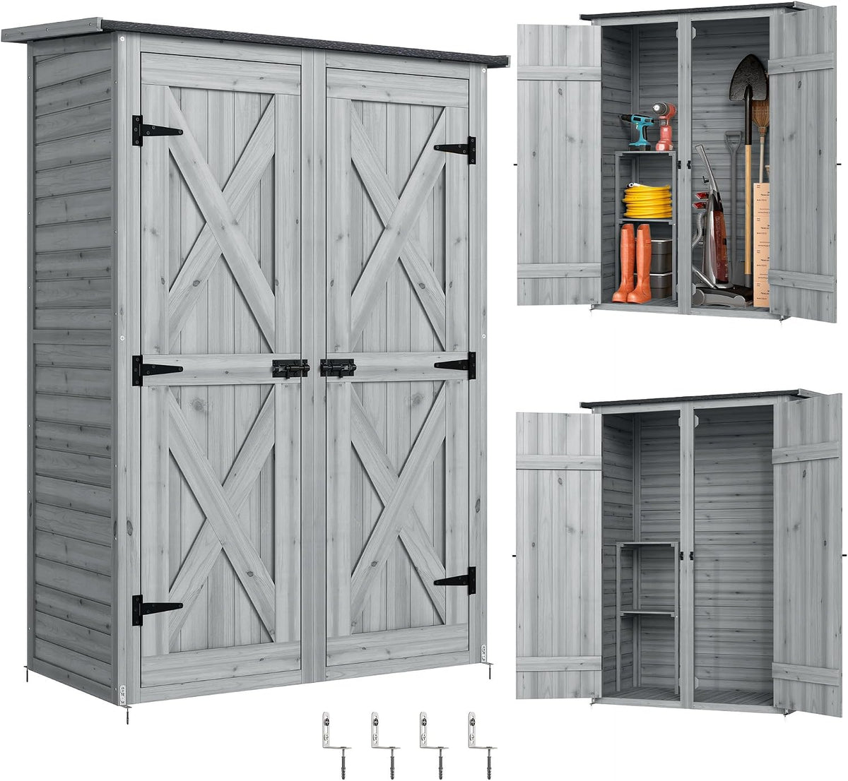 Cobertizos de almacenamiento de Outsunny, Caseta de Jardín de Madera Armario Exterior 115x53x156 cm Gris