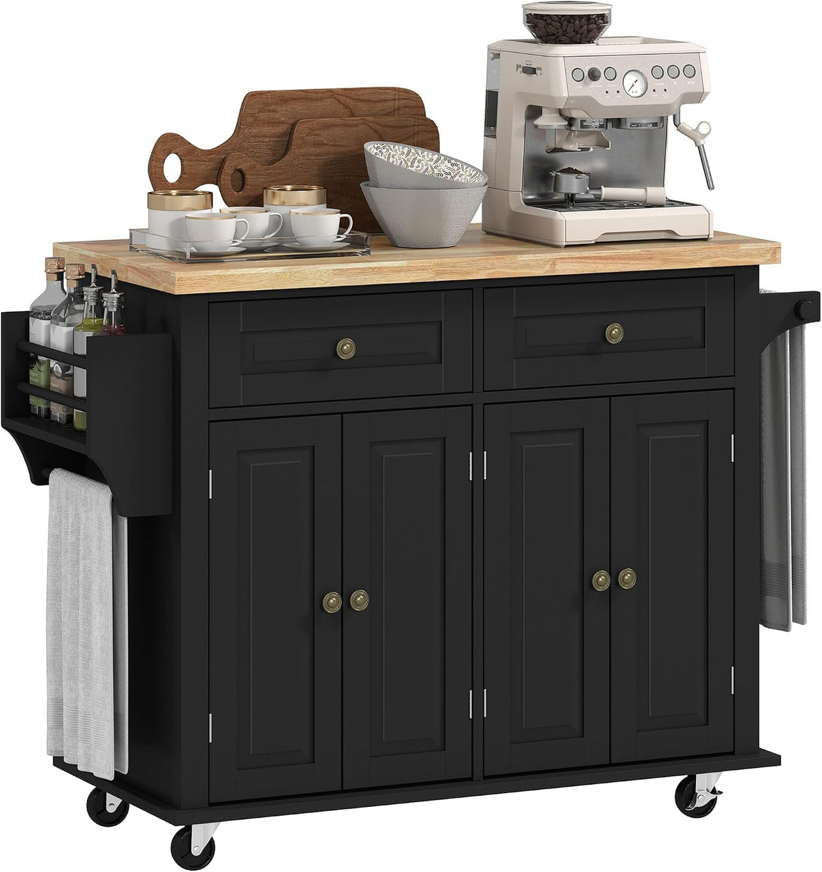 Carros de servicio Isla de Cocina con Ruedas 2 Cajones 4 Puertas 111x44, 5x82, 5cm Negro, HOMCOM