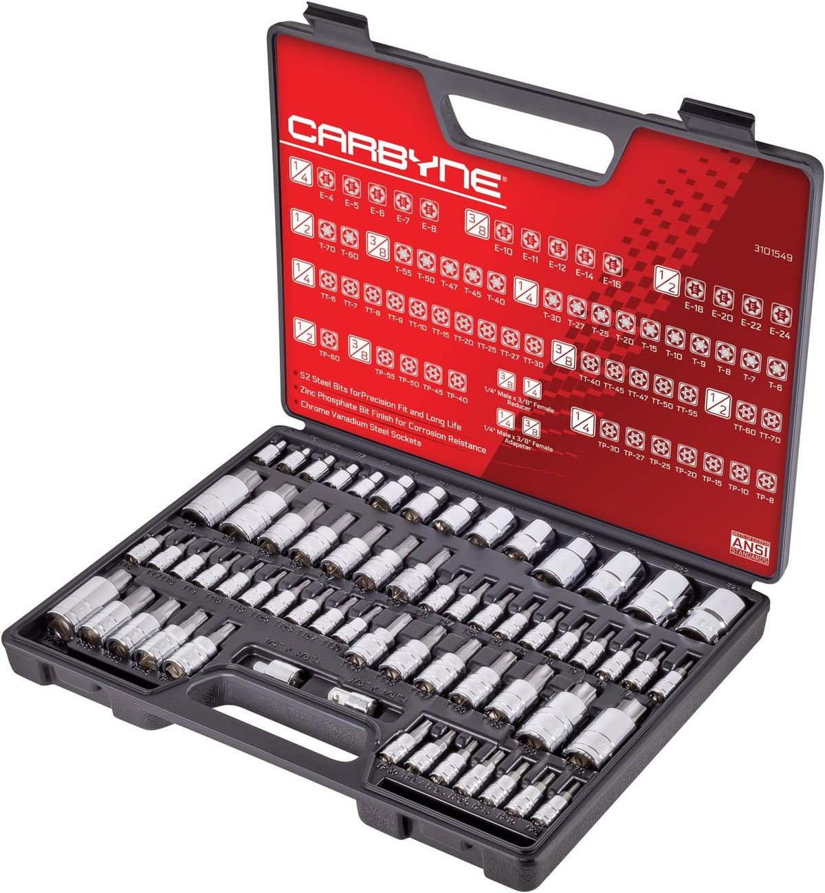 Juegos de vasos para llav de CARBYNE, Juego de 62 puntas Torx Master y Torx External Socket Set, S2 Steel Bits, CrV Sockets