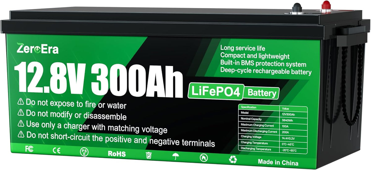 ZeroEra Baterías de ciclo profundo, Batería LiFePO4 12V 300Ah, Batería de Litio de 3840Wh con protección de Temperatura de 200A BMS, Ciclo Profundo de
