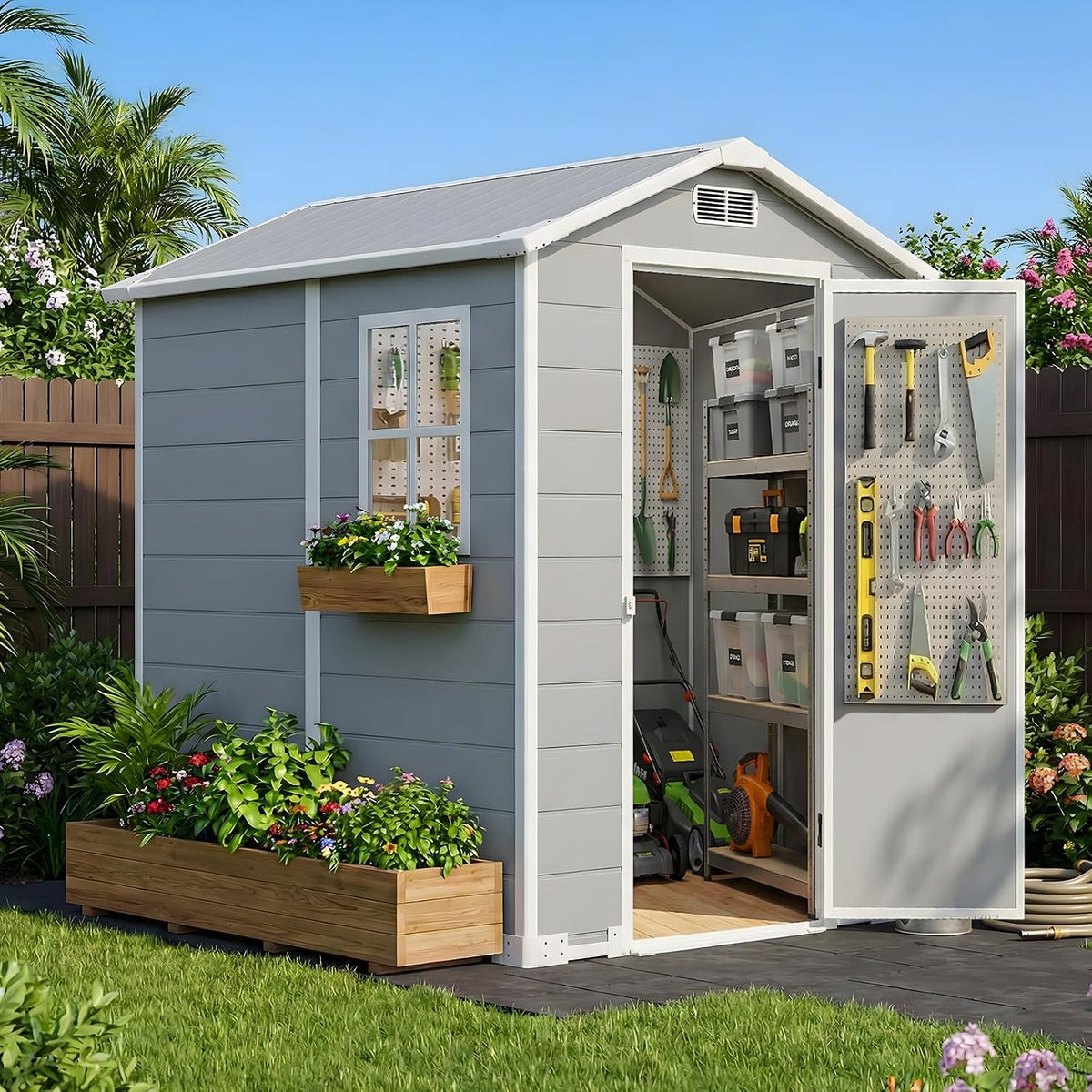 Cobertizos de almacenamiento AIRAJ, Caseta de jardín de plástico de 4 x 6 pies para exteriores, resistente a la intemperie, con