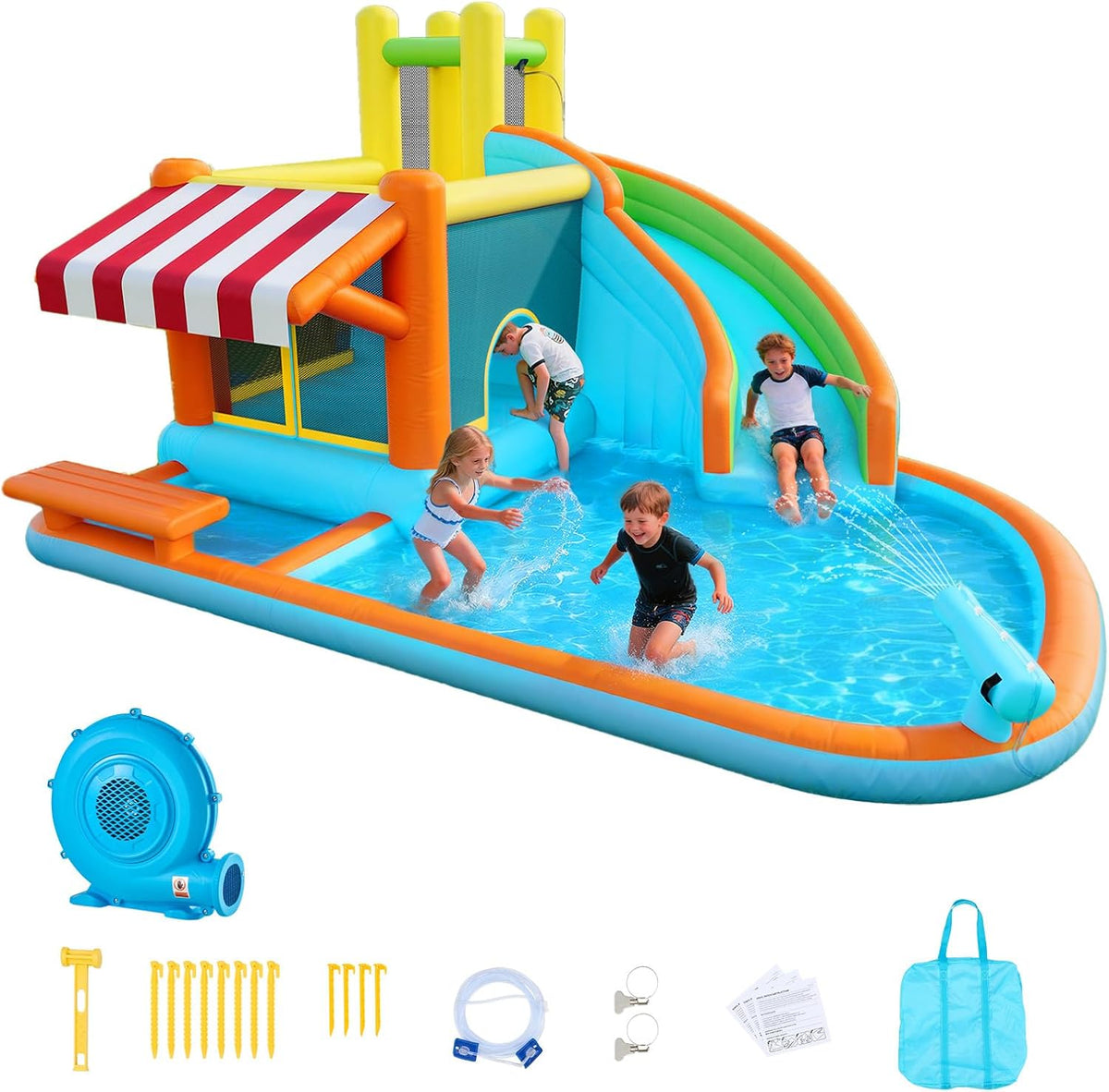 VEVOR Castillos y colchonetas hinchabl, Castillo Hinchable 455 x 390 x 238 cm, Parque Infantil Inflable con Tobogán Acuático, Rebotes, Piscina de