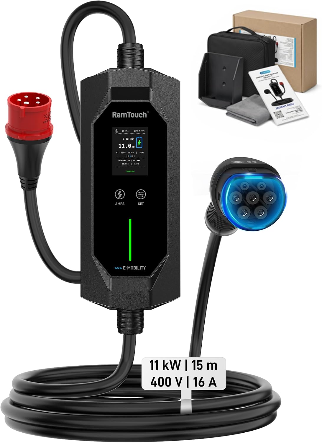 Estaciones de carga de RamTouch, Cargador Coche Eléctrico 11 kW, 16 A, 15 m, CEE Rojo 5P a Tipo 2