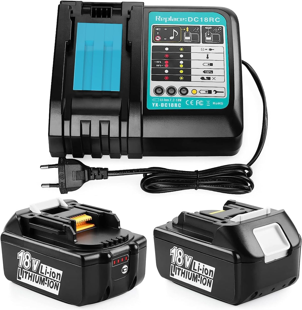 ENERGUP Batería, 2X 18V 5.0Ah Baterías con Cargador de Repuesto para Makita Batería 18V BL1850 BL1815 BL1820 BL1830 BL1840 BL1850B DC18RC DC18RD