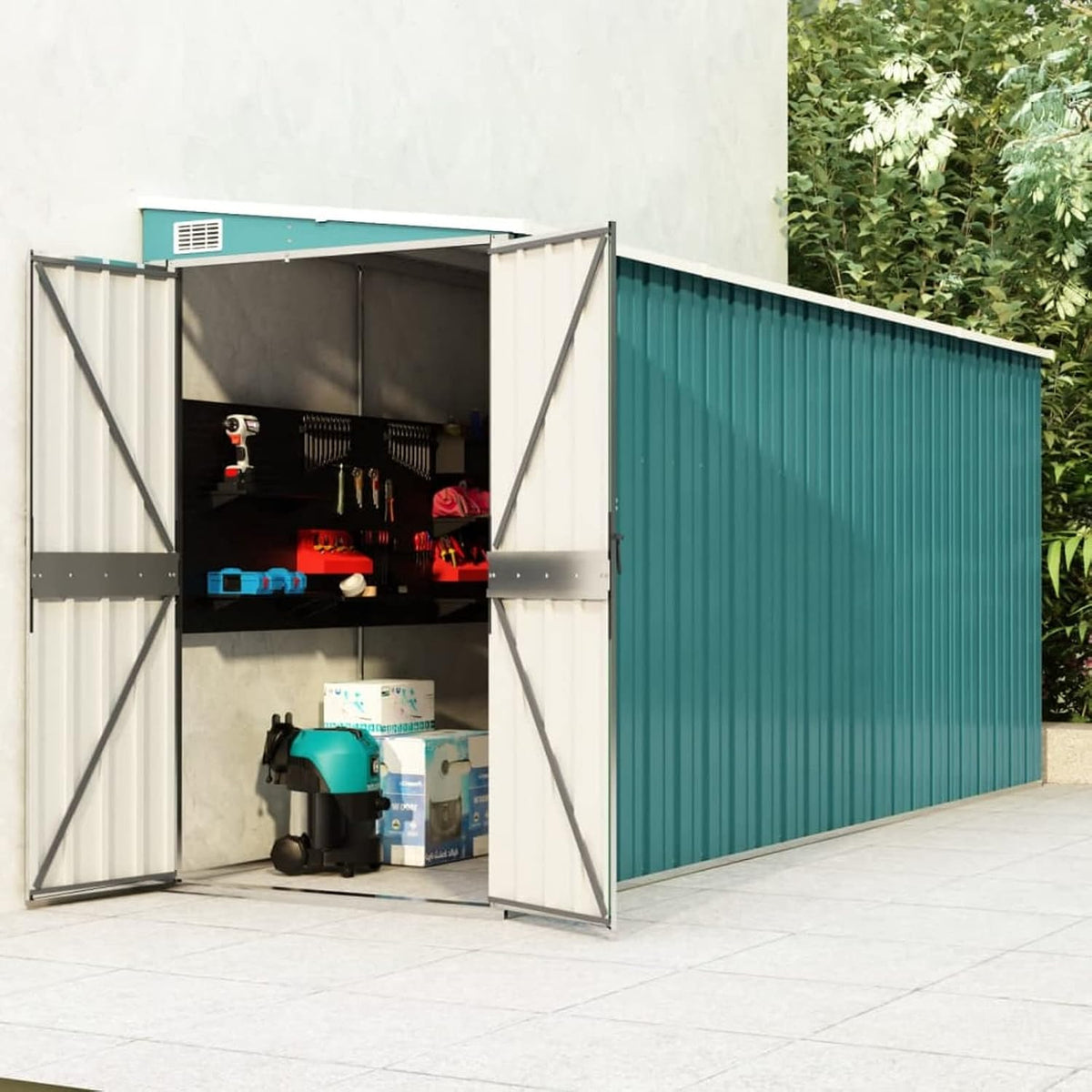 Cobertizos de almacenamiento SECOLI, Cobertizo de metal para herramientas de pared, color verde, 118 x 382 x 178 cm, cobertizo para herramientas