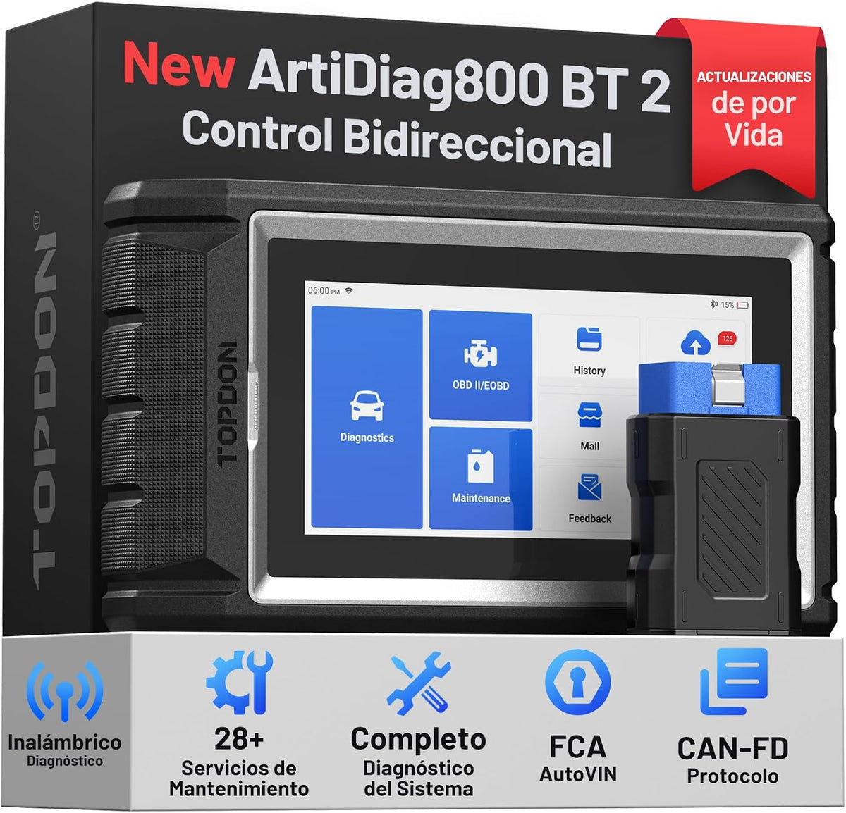 AD800BT2 de TOPDON, sistemas de diagnóstico del motor (obd-ii), Herramienta de Diagnóstico, Bidireccional, Todos los Sistema