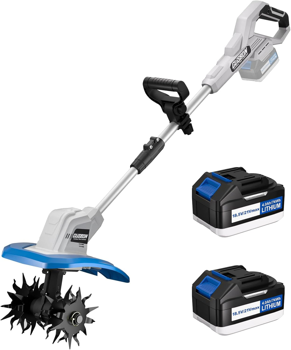 CUSBON Aradora, Motoazada Inalámbrica de 21V, Rotavator Eléctrico de 450RPM para Césped/Jardinería/Cultivo de Suelo, 2 * 4.0Ah Baterías y Cargador