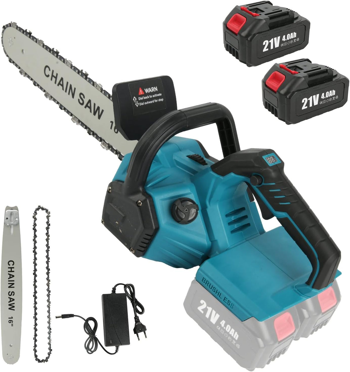 Motosierra Eléctrica con Batería de 21V, 1800 W, Sin Escobillas, con Cadena de 16 Pulgadas, con Espada de 40CM, Motosierra Bateria con 2 Baterías de