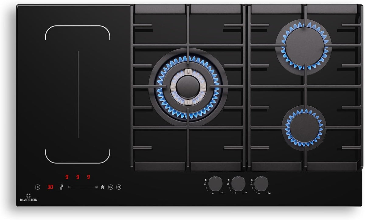 Placa de cocina KLARSTEIN, MultiChef 5 Placa Mixta Gas Inducción - 5 Zonas (3 Gas, 2 Inducción), Flexzone, Control Deslizante, Stop&Go, Temporizador