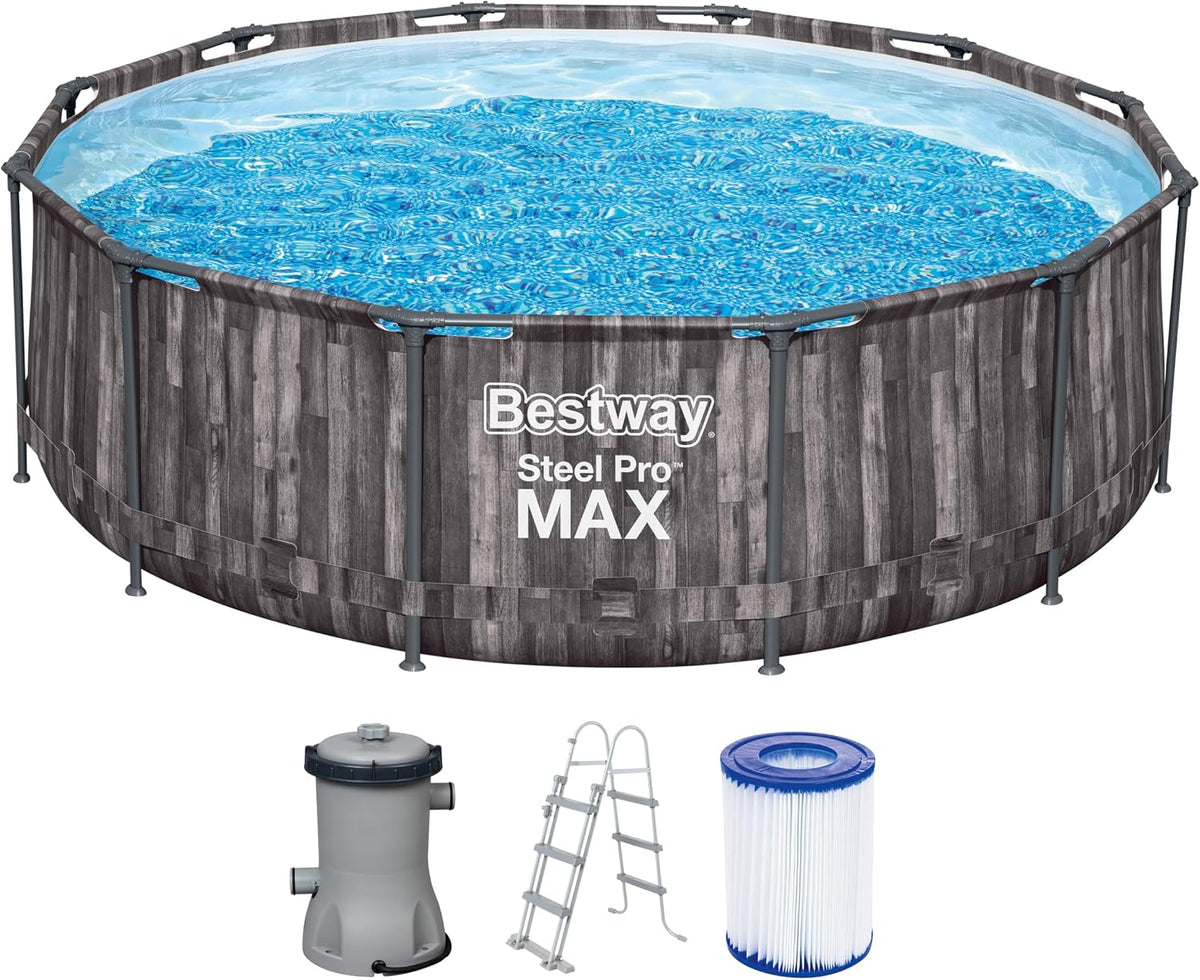 Piscinas desmontabl de Bestway, Steel Pro MAX Frame - Piscina Redonda (366 x 100 cm, Incluye Bomba de Filtro, Efecto Madera)