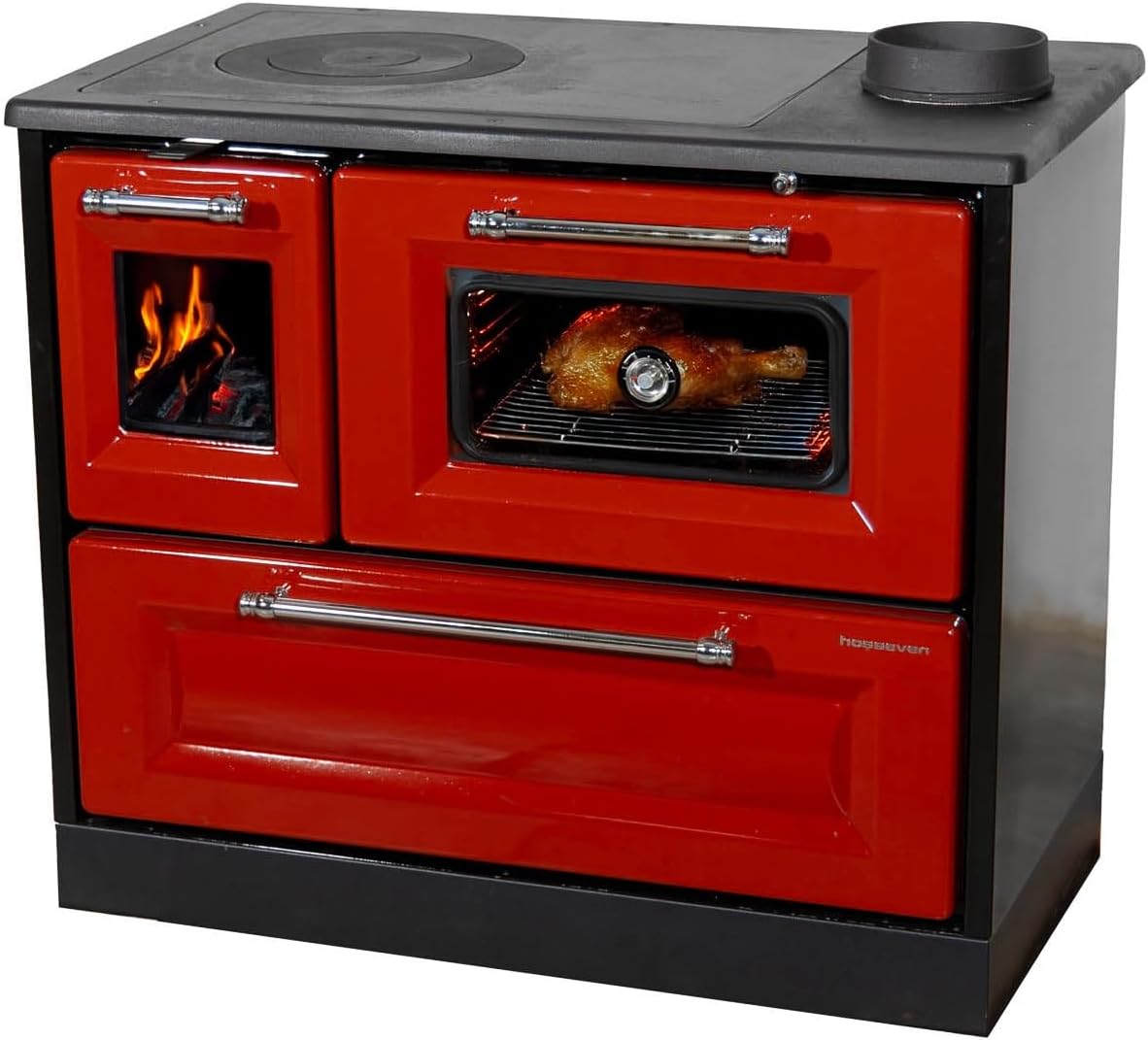 Hosseven Hornos chimenea, 4012 - Estufa de leña roja con compartimento para horno y placa de cocina, 8 kW, madera, uso múltiple