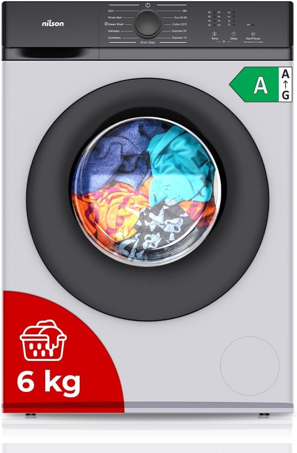 NILSON NL6200AI Lavadora, 6Kg Carga Frontal Blanco. 1600W, 1200rpm, Motor Inverter, 11 Programas, Función Stop&Go, Tambor Diamante, Clase de