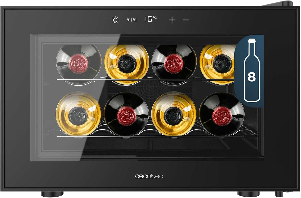 Vinoteca 8 Botellas Bolero GrandSommelier 800H CoolCrystal E. Estantes Metálicos, Control Táctil, Temperatura 8 a 18ºC, Negra, Cecotec