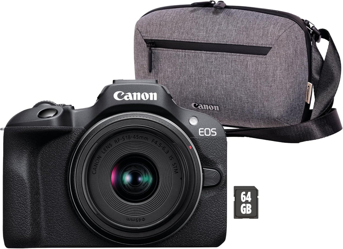 Canon R100 Cámaras réflex, EOS Cámara Mirrorless + Objetivo RF-S 18-45 mm F4.5-6.3 IS STM + Bolsa para Cámara + Tarjeta SD de 64GB