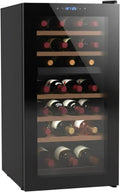 Vinoteca Bodega para 28 botellas de vino con doble zona de refrigeración de 5 °C a 18 °C. Enfriador de vino con 6 estantes y cesta de madera y