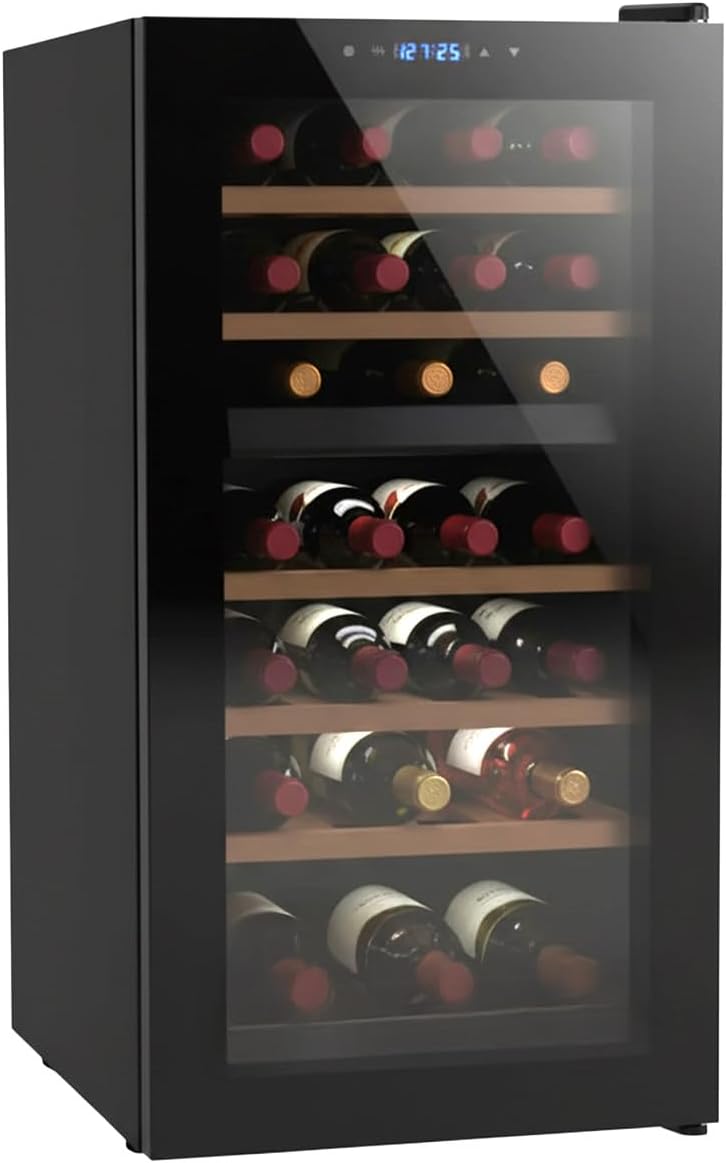 Vinoteca Bodega para 28 botellas de vino con doble zona de refrigeración de 5 °C a 18 °C. Enfriador de vino con 6 estantes y cesta de madera y