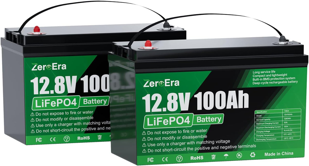 ZeroEra Baterías de ciclo profundo, Batería LiFePO4 12V 100Ah, Batería de Litio de 1280Wh con Protección de Baja Temperatura de 100A BMS, Ciclo