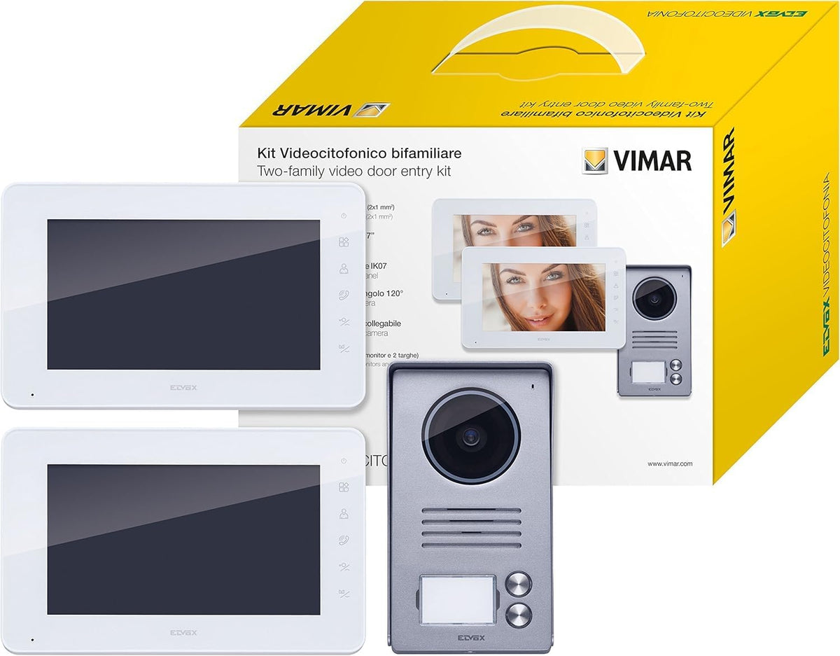 K40911 de Vimar, interfono, Kit videoportero contenido: 2 videoporteros con teclado capacitivo LCD 7 in, placa de entrada audio/vídeo de 2 pulsadores