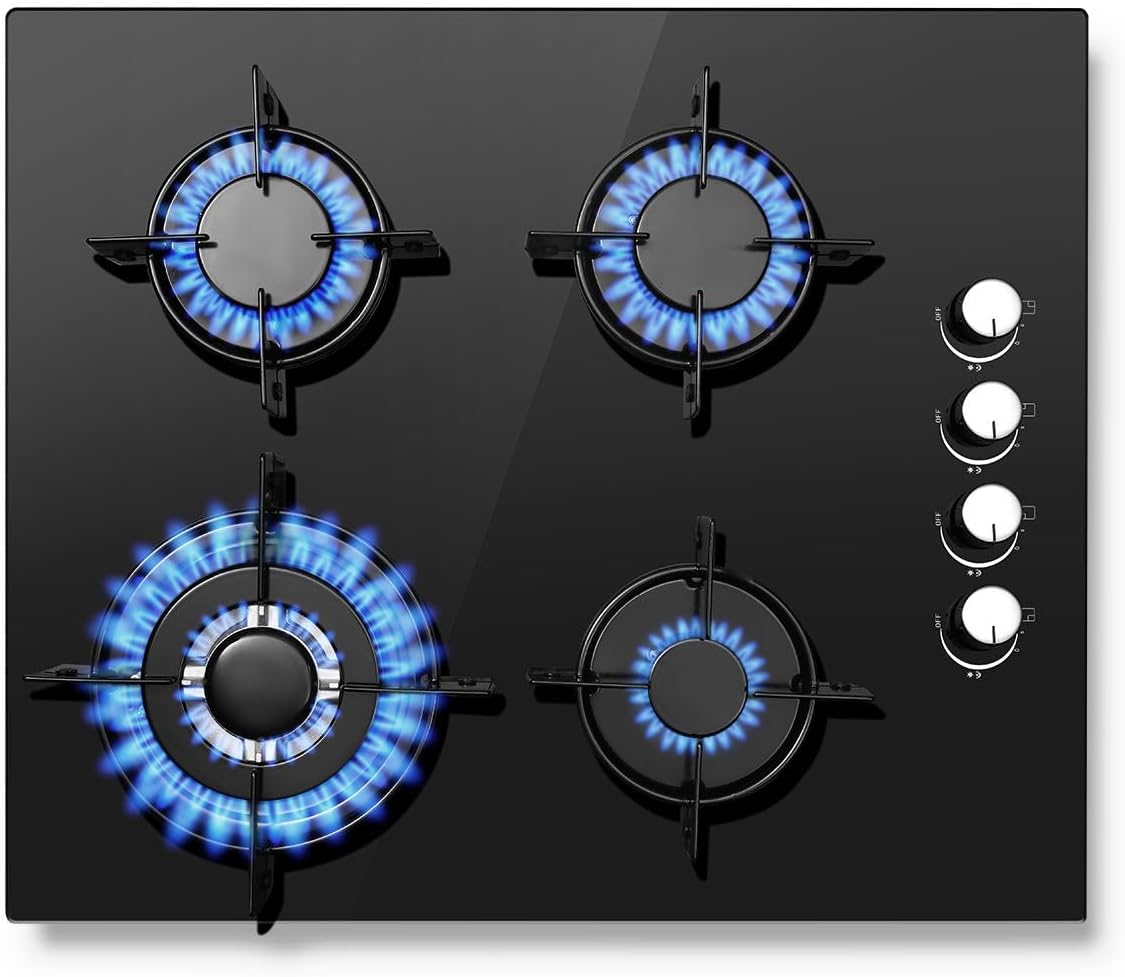 SNDOAS Placa de cocina, Gas 4 Fuegos, Vidrio Templado Negro, 8000 W