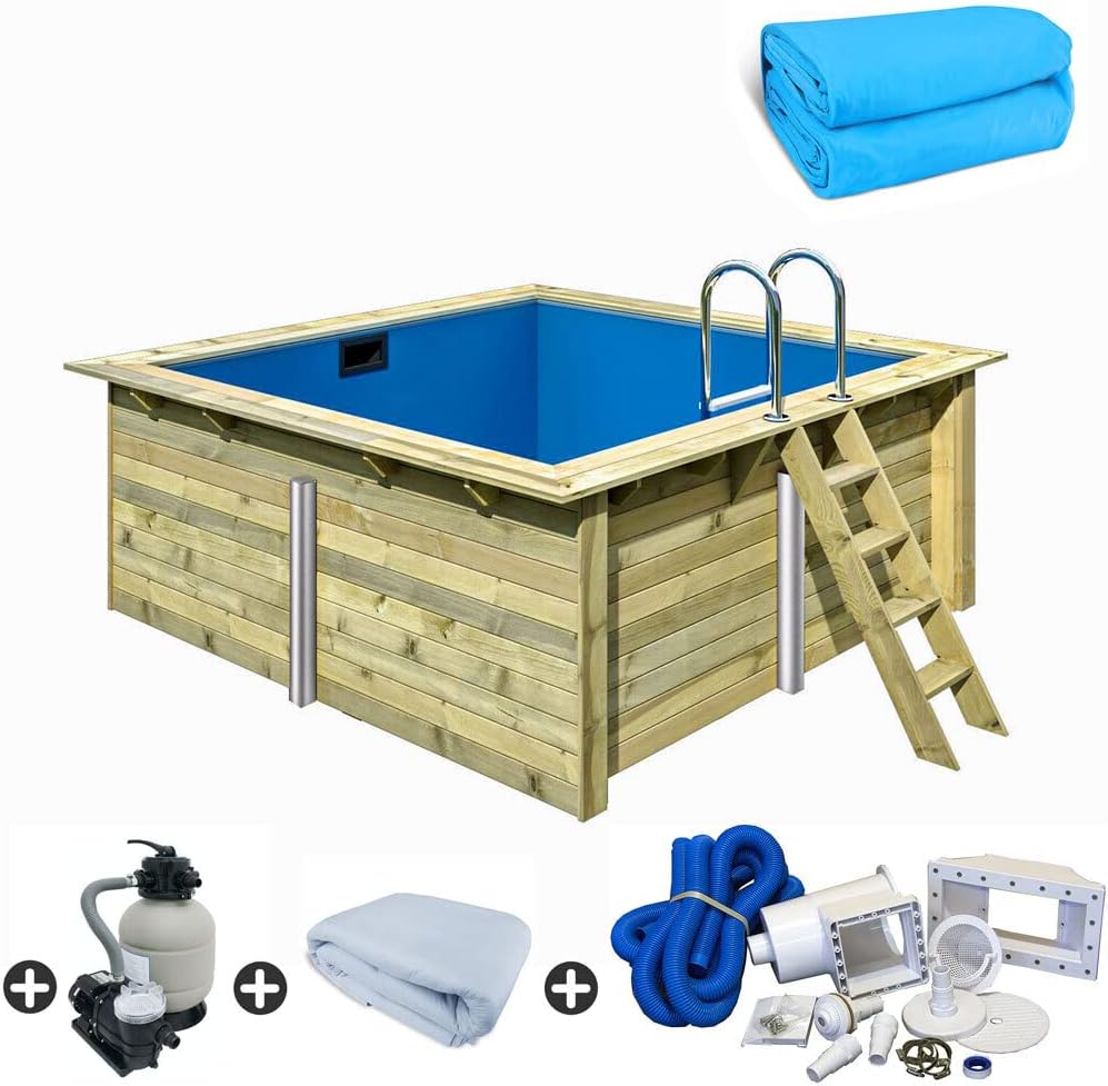 Piscinas desmontabl Juego de piscina de madera rectangular de 3, 50 x 3, 20 x 1, 24 m, color azul, Trendpool