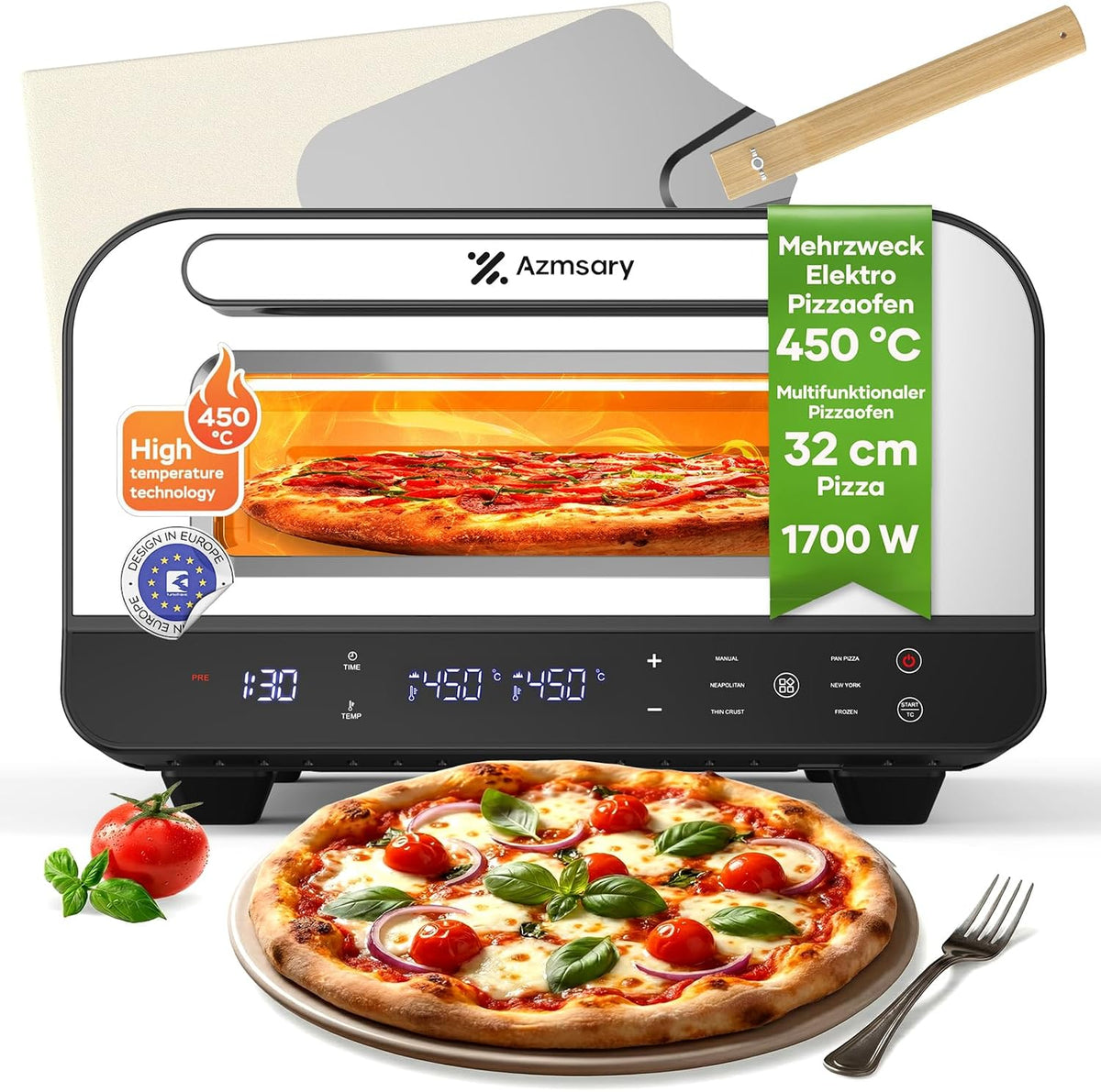 Azmsary Hornos individuales para pizza, Horno de pizza eléctrico, 6 programas, 1700 W, máx. 450 °C, apto para pizzas de 32 cm, Multifunción 5 en 1