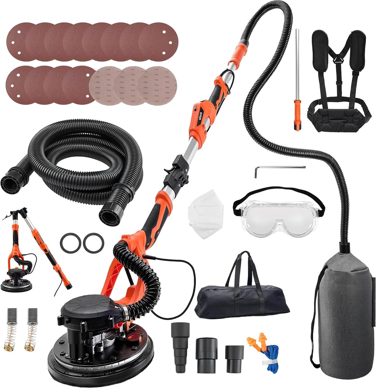 Lijadora de VEVOR, de Pared y Techo 1150W, Lijadora Jirafa, 5 Velocidades 800-1700 RPM, Tubo Telescópico 1, 4-1, 8 m, Aspiradora LED Integrados, 15