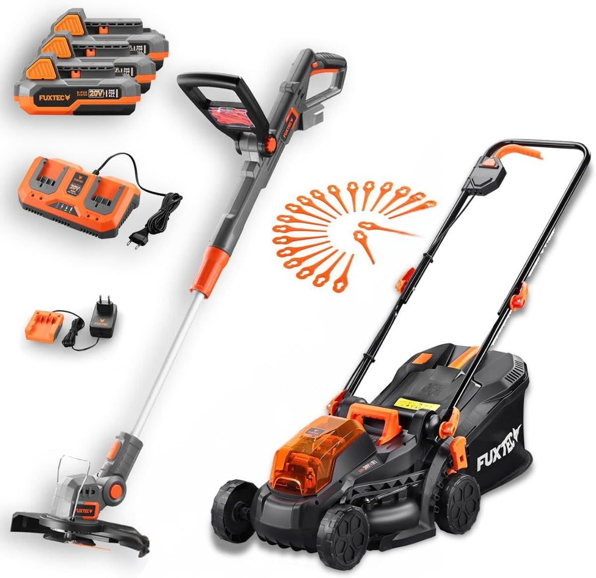 Cortacéspedes rotativo Set 20V Jardín - Desbrozadora y cortacésped 33 cm (2x20V) con 3 baterías 2Ah, Cargador Doble, recortabordes y Cuchillas. Ajuste
