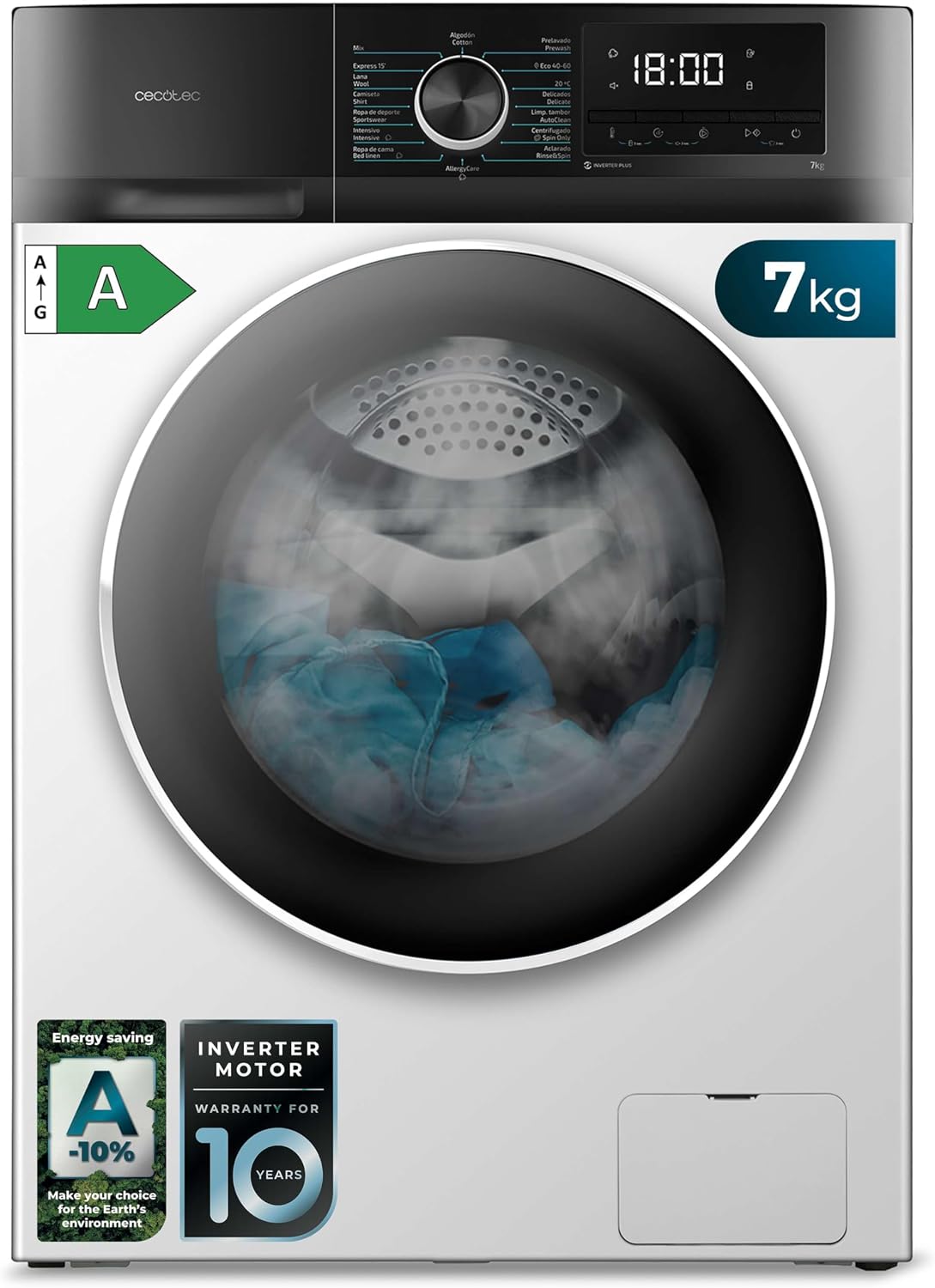Cecotec Lavadora, 7Kg Carga Frontal Bolero Dresscode 7500 Inverter A. 1850W, 1400 rpm, Motor Inverter Plus, Bajo Consumo, 16 Programas, SteamMax